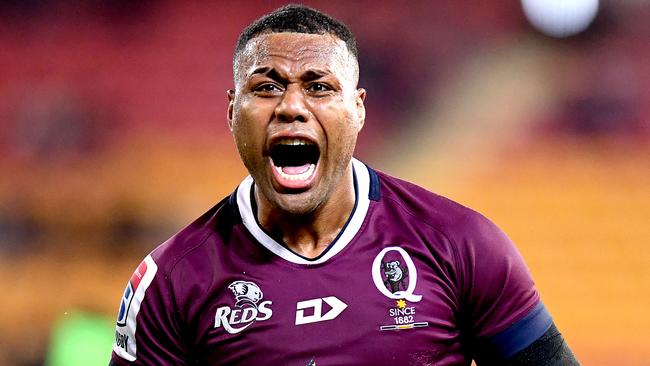 BRISBANE, AUSTRALIA - JUNE 07: Samu Kerevi of the Reds celebrates victory after the round 17 Super Rugby match between the Reds and the Blues at Suncorp Stadium on June 07, 2019 in Brisbane, Australia. (Photo by Bradley Kanaris/Getty Images)