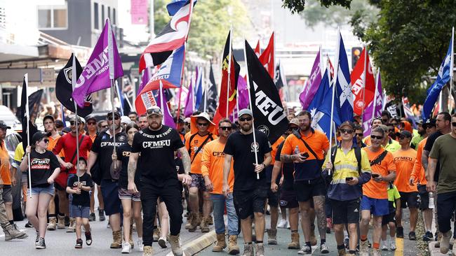 CFMEU marching through the streets of Brisbane.