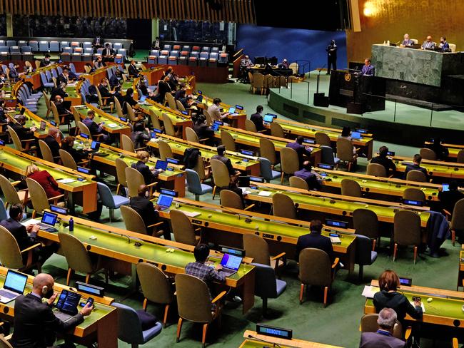 (FILES) In this file photo taken on March 01, 2022, the United Nations holds its second day of emergency special session General Assembly meetings on the Russia-Ukraine conflict in New York City. - The UN General Assembly will vote on April 7, 2022, on suspending Russia from the UN Human Rights Council following allegations that Russian troops deliberately murdered civilians in Bucha, Ukraine, the assembly presidency said. (Photo by Andrea RENAULT / AFP)