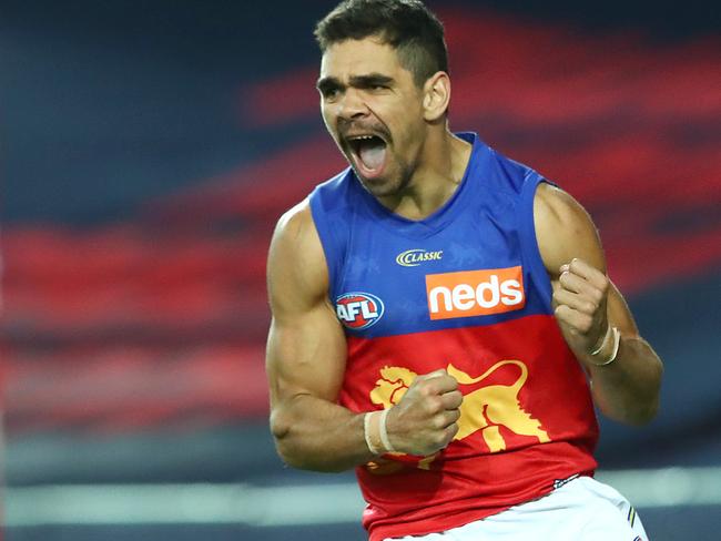 GOLD COAST, AUSTRALIA - JULY 26: Charlie Cameron of the Lions celebrates a goal during the round 8 AFL match between the Melbourne Demons and the Brisbane Lions at Metricon Stadium on July 26, 2020 in Gold Coast, Australia. (Photo by Jono Searle/AFL Photos/via Getty Images)