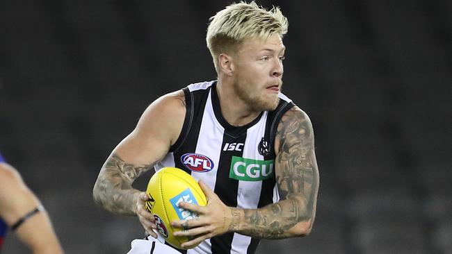 AFL Round 1. Western Bulldogs v Collingwood at Marvel Stadium..  21/03/2020.  Jordan De Goey of the Magpies Q3   . Pic: Michael Klein