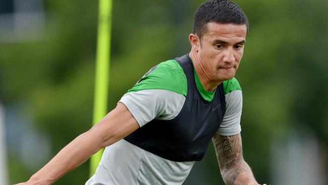 Tim Cahill and the Socceroos training at Olympic Park, Melbourne. Picture: Steve Tanner