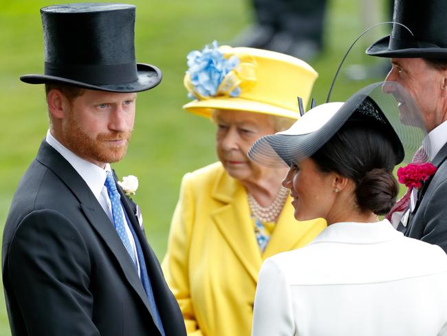 (FILE PIC) ASCOT, UNITED KINGDOM - JUNE 19: (EMBARGOED FOR PUBLICATION IN UK NEWSPAPERS UNTIL 24 HOURS AFTER CREATE DATE AND TIME) Prince Harry, Duke of Sussex, Meghan, Duchess of Sussex and Queen Elizabeth II attend day 1 of Royal Ascot at Ascot Racecourse on June 19, 2018 in Ascot, England. (Photo by Max Mumby/Indigo/Getty Images)