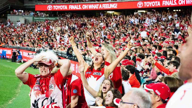 Sydney Swans fans celebrate a win at the SCG. Picture: Tom Parrish