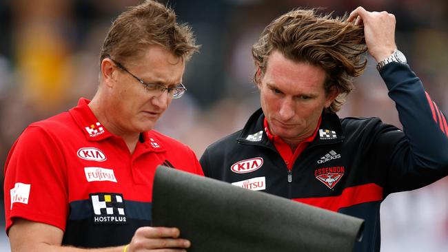 James Hird, pictured speaking with Mark Neeld, will commentate with Triple M this year. Picture: Michael Willson/AFL Media.