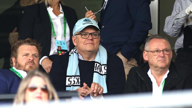 Prime Minister Scott Morrison at the NRL match between the Cronulla Sharks and Penrith Panthers at Kogarah Oval. Picture: Phil Hillyard