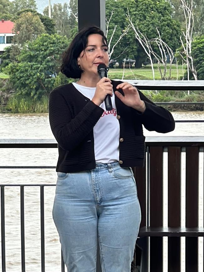 “Stop violence against women” rally organiser Ashleigh Saunders addresses the 60+ crowd at Rockhampton's Fitzroy Riverbank on May 4, 2024.