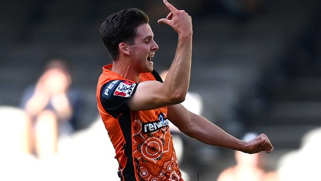 MELBOURNE, AUSTRALIA - JANUARY 22: Jhye Richardson of the Scorchers celebrates getting the wicket of Matthew Wade of the Hurricanes during the Big Bash League match between the Hobart Hurricanes and the Perth Scorchers at Marvel Stadium, on January 22, 2021, in Melbourne, Australia. (Photo by Quinn Rooney/Getty Images)