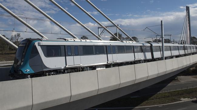 The first of the Sydney Metro Northwest trains are tested over the Windsor Rd railway bridge.