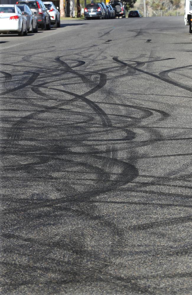 Burnout marks across the road. Picture: David Crosling