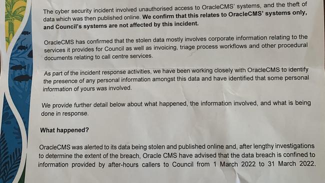 A letter from Cassowary Coast Regional Council to residents advising of a 2022 data breach linked to its after-hours provider Oracle CMS.