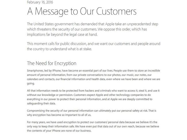 Statement ... Apple CEO Tim Cook explained the company’s decision to resist the court ruling in a fierce note. Picture: Apple