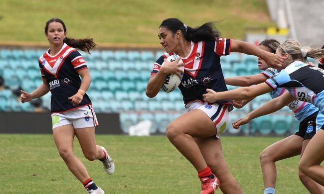 Back rower Otesa Pule making a break for the Sydney Roosters Tarsha Gale Cup side. Picture: AJC Creations Photography &amp; Design