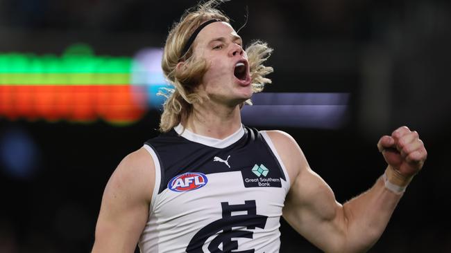 ADELAIDE, AUSTRALIA - MAY 30: Tom De Koning of the Blues celebrates a goal during the 2024 AFL Round 12 match between the Port Adelaide Power and the Carlton Blues at Adelaide Oval on May 30, 2024 in Adelaide, Australia. (Photo by James Elsby/AFL Photos via Getty Images)