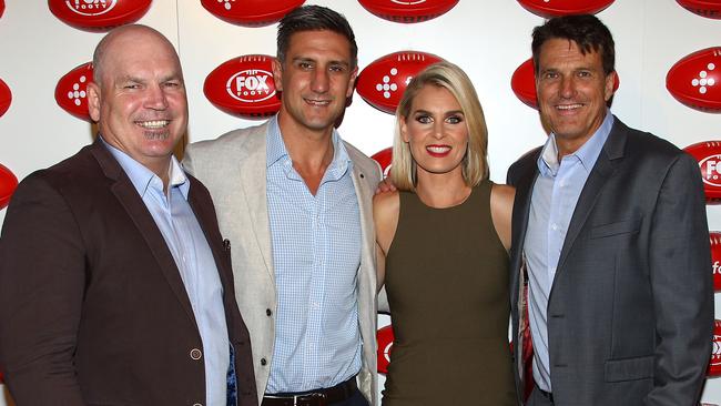 Fox Footy commentators Jason Dunstall, Matthew Pavlich, Sarah Jones and Paul Roos in 2018. Picture: Getty Images