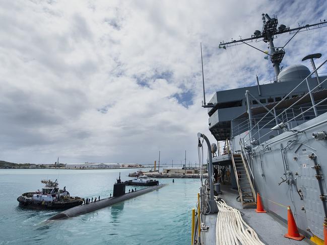 The Los Angeles-class fast-attack submarine USS Alexandria (SSN 757) prepares to depart APRA Harbor in Guam for the Indo-Pacific last week. Picture: US Navy