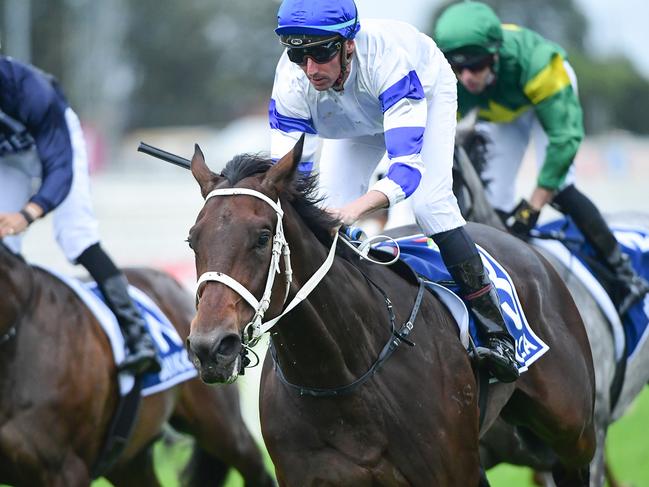 Kovalica wins the Queensland Guineas for trainer Chris Waller and jockey Nash Rawiller. Picture: Grant Peters, Trackside Photography, ,