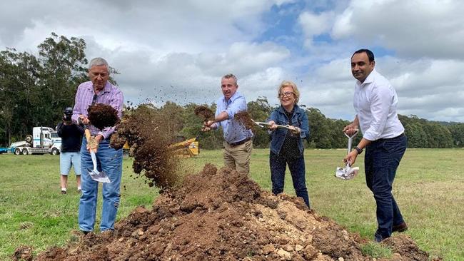 Alastair Milroy, Federal Member for Page Kevin Hogan, Coffs Harbour Mayor Denise Knight and State Member Gurmesh Singh turn the first sod on the $27m Wiigulga Sports Complex.