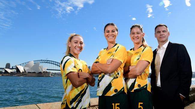 Matilda's head coach Ante Milicic (right) at yesterday’s announcement with Gemma Simon, Emily Gielnik and Laura Alleway. Picture: AAP
