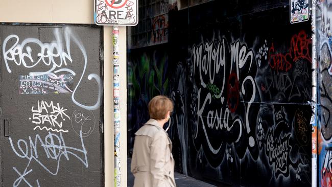 Graffiti along Bourke Street. Picture: Andrew Henshaw