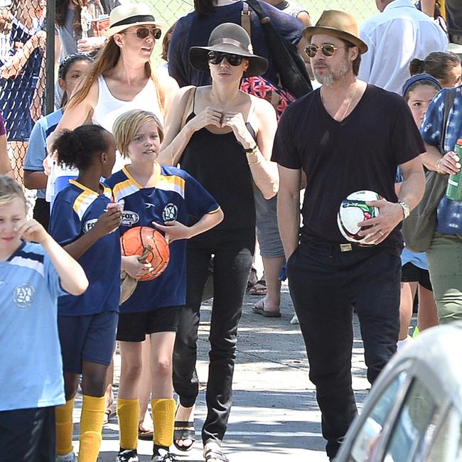 Brad Pitt, Angelina Jolie, Shiloh and Zahara at a soccer game on May 2, 2015 in Los Angeles. Picture: Splash