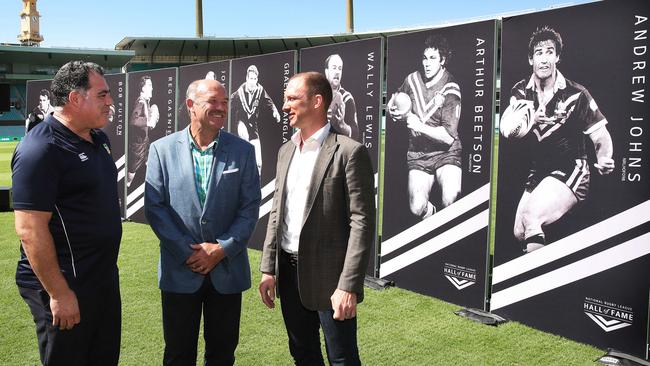 Mal Meninga, Wally Lewis and Darren Lockyer at the SCG for the NRL Immortals and Hall of Fame announcement. Picture. Phil Hillyard