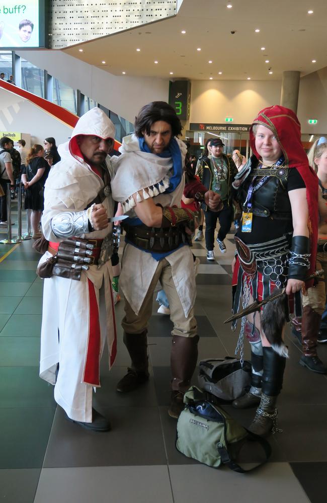 Assassin's Creed: Kaycee, Logan and Ellie at the 2024 PAX Aus Convention at the Melbourne Convention and Exhibition Centre. Picture: Gemma Scerri