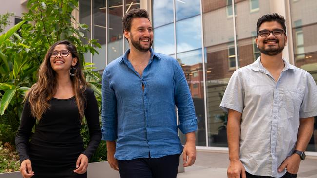 Nick Boniciolli, centre, with Optible AI product designer Iona Sitaula and chief technology officer Sameer Poudel. Picture: Supplied