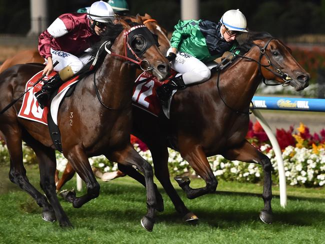 Katelyn Mallyon and Silent Sedition (rails) take out the Group 1 William Reid Stakes. Picture: Getty Images