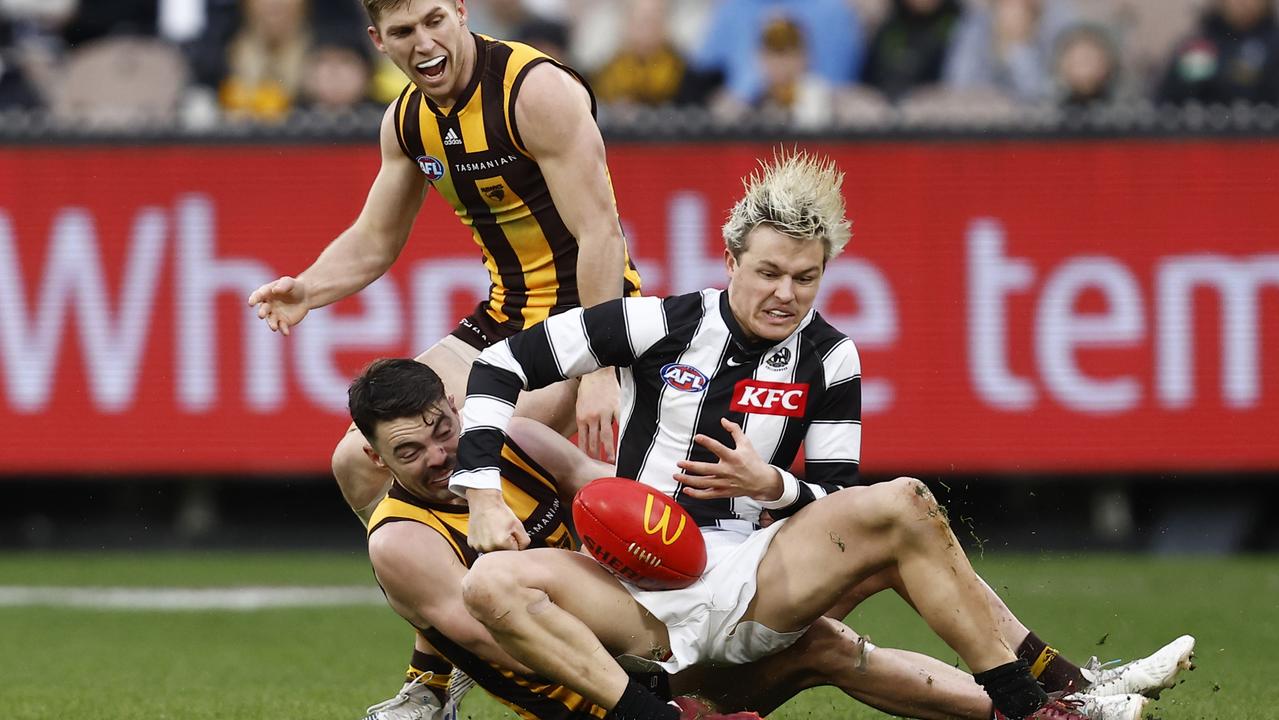 Jack Ginnivan wasn’t paid free kicks against Hawthorn. Picture: Darrian Traynor/Getty Images