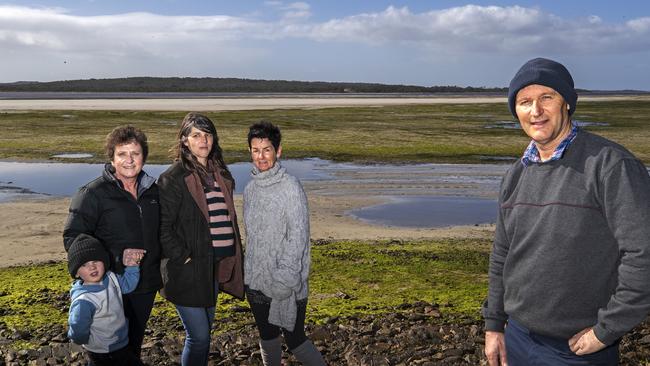 Montague residents and members of the Circular Head Coastal Awareness Network (L-R) Hunter Anderson, Kim Anderson, Rebecca Tyers, Colleen Murfitt and Bevan Anderson at the proposed site of the bridge/ causeway for the Robbins Island wind farm development at Montague in 2017. Picture: Chris Kidd.