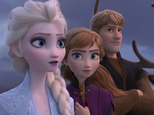 Elsa, voiced by Idina Menzel, from left, Anna, voiced by Kristen Bell, Kristoff, voiced by Jonathan Groff and Sven in a scene from the animated film, Frozen 2. Picture: Disney via AP