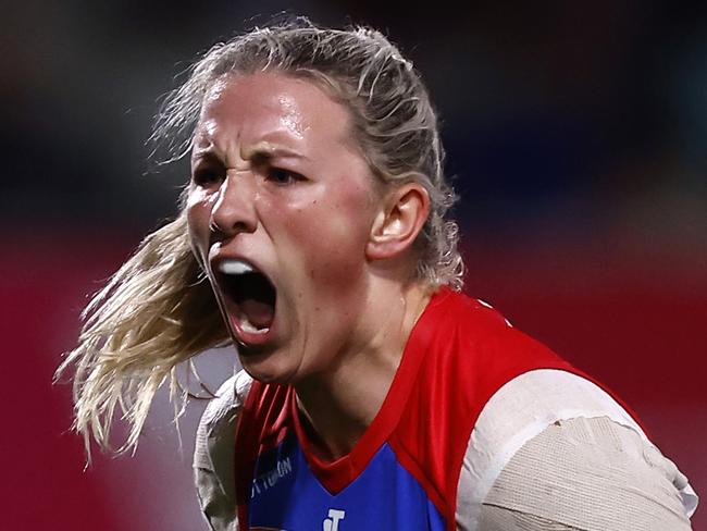 MELBOURNE, AUSTRALIA - SEPTEMBER 09: Gabby Newton of the Western Bulldogs celebrates a goal during the round three AFLW match between the Western Bulldogs and the Fremantle Dockers at Ikon Park on September 09, 2022 in Melbourne, Australia. (Photo by Darrian Traynor/Getty Images)