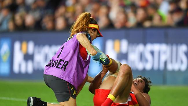 Wil Powell was taken from the field after a sickening blow. Picture: Albert Perez/Getty Images