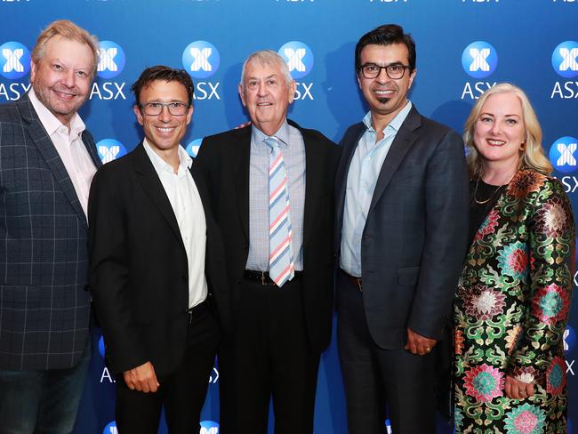 Richard White of WiseTech Global, Anthony Eisen, Afterpay, Chris Vonwiller, Appen, Aram Mirkazemi, Altium and Kirsty Godfrey-Billy from Xero at the ASX New Technology Index Launch in 2020. Picture: John Feder