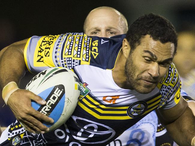 Justin O'Neill on the attack for the Cowboys.Cronulla Sharks Vs North Qld Cowboys at Remondis stadium Cronulla, round 22 Saturday 8th August 2015. Pic: Mitch Cameron