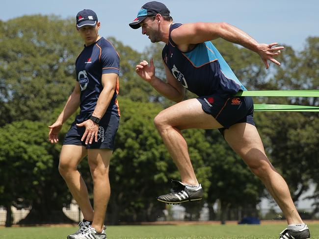 Matt Carraro performs a training drill during a Waratahs Super Rugby pre-season session.