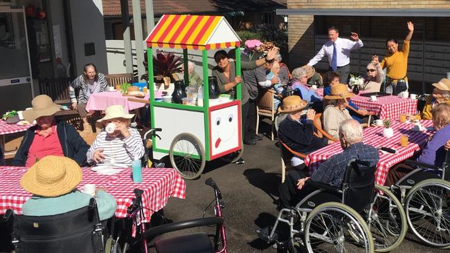 Residents at Allambie Heights Village aged care home enjoying tea in the sunshine. on August 13, 2020. Picture: Supplied.