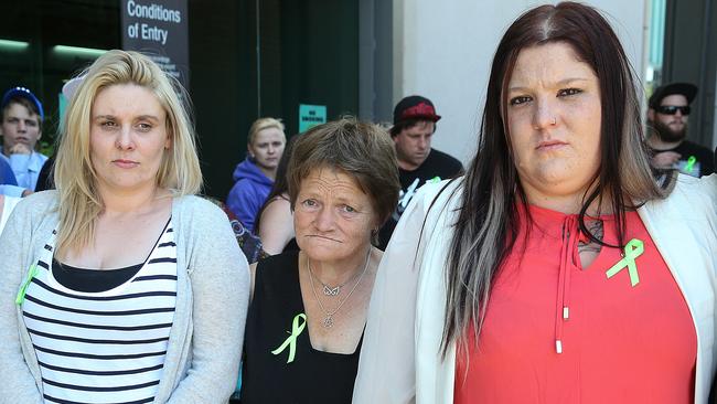 Stacey Patton with Anna and Kathleen Nankervis, the girlfriend mother and sister of Jack Nankervis outside court. Picture: Ian Currie