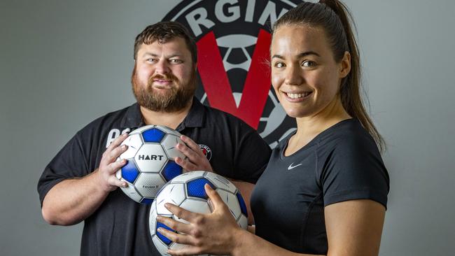 Anthony Costa and Anna Mehel, who plays in the women’s premier league team, are promoting Walking Football at Virginia United Football Club. Picture: AAP/Richard Walker