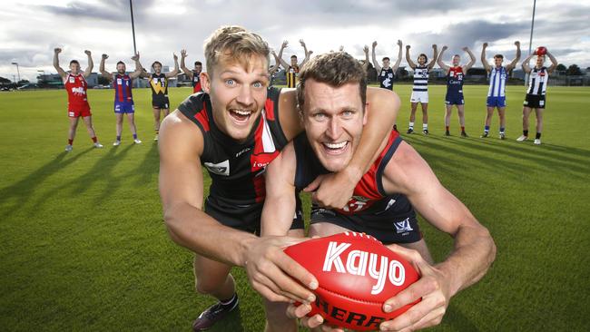 Josh Newman of Frankston FC and Peter McEvoy of Coburg FC last season. Picture: David Caird