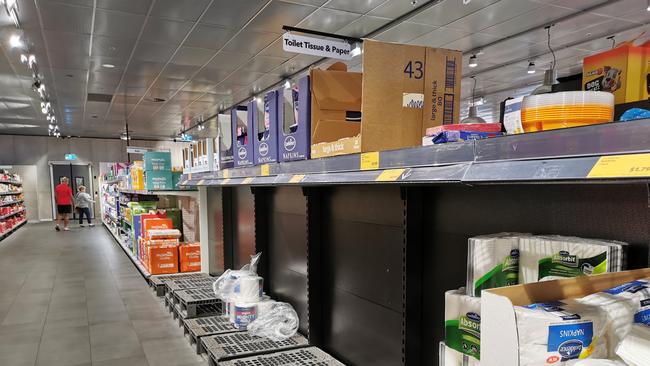 Empty shelves at Aldi, Hallett Cove around midday on Wednesday. Picture: Supplied.