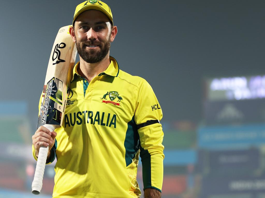 DELHI, INDIA - OCTOBER 25: Glenn Maxwell of Australia poses for a photo following their 106, the fastest hundred in World Cup history following the ICC Men's Cricket World Cup India 2023 between Australia and Netherlands at Arun Jaitley Stadium on October 25, 2023 in Delhi, India. (Photo by Robert Cianflone/Getty Images)