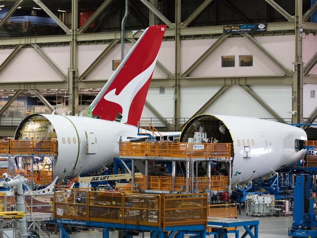 A Dreamliner on the production line at the Boeing factory in Seattle. Picture: Qantas