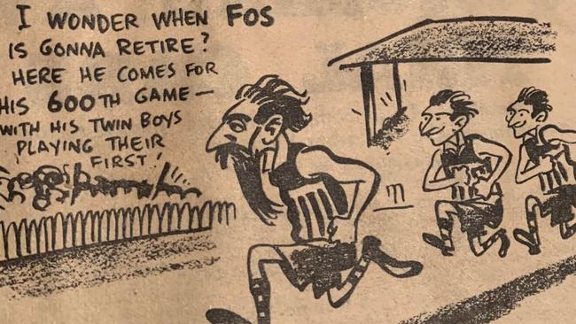 A cartoon printed in the Adelaide Advertiser that Mark Williams used as inspiration. The cartoon is of Mark Williams Dad Fos which was printed in the Adelaide Advertiser. It depicts Fos with Mark and his brother Anthony ahead of their first game of football. Supplied