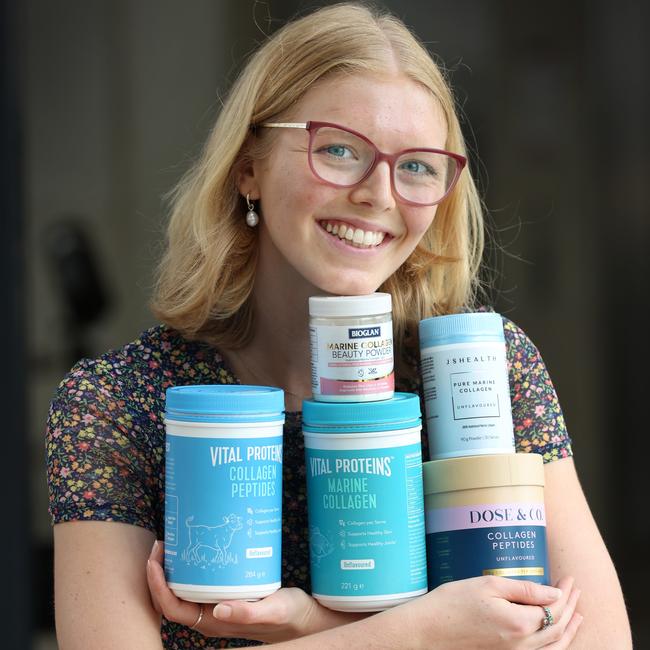 Breck Carter holds an assortment of collagen supplements derived from fish. Picture: David Caird