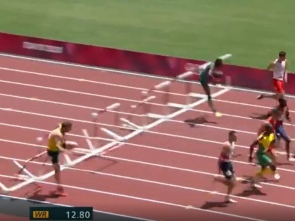 Aussie hurdler has been labelled a ‘legend’ despite his clumsy performance. Picture: 7 Plus