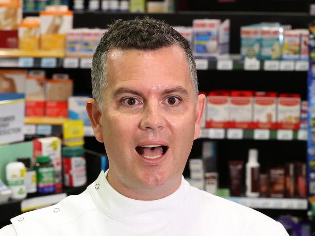 The Pharmacy Guild of Australia National President Trent Twomey marking the beginning of the roll-out of Moderna COVID-19 vaccines in Queensland Community Pharmacies, Priceline Pharmacy, George Street Brisbane. Picture: Liam Kidston
