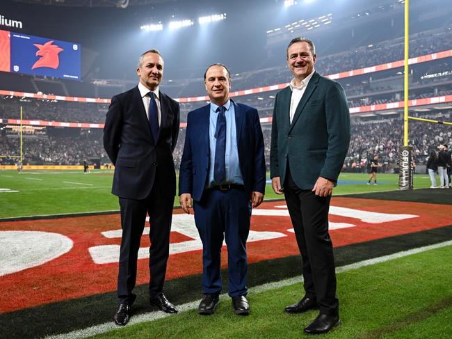 Andrew Abdo, Peter V'landys and Steve Kamper at Allegiant Stadium last year. Picture: NRL Photos