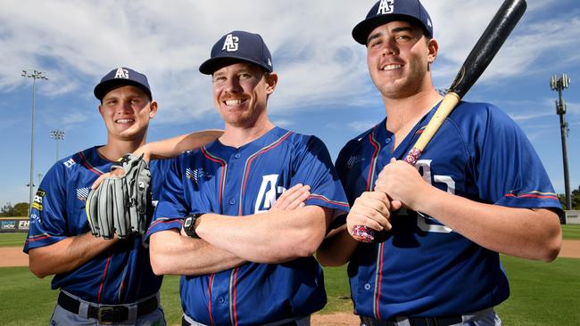 Adelaide Giants manager Chris Adamson, with young guns Curtis Mead and Rixon Wingrove, are targeting SA’s first national title in 40 years. Picture: Tricia Watkinson